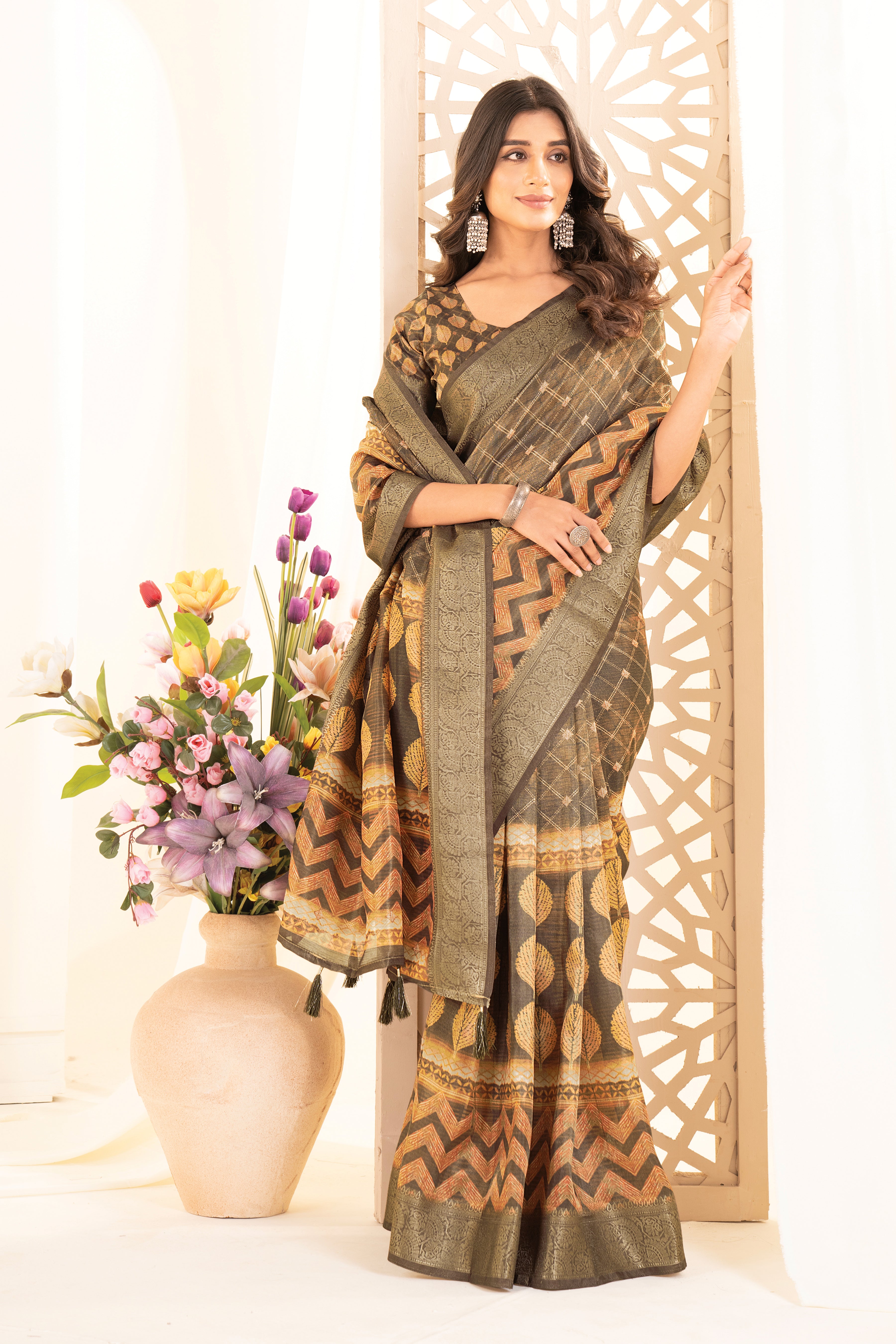 Green Orange Tussar Silk Ajrak Saree